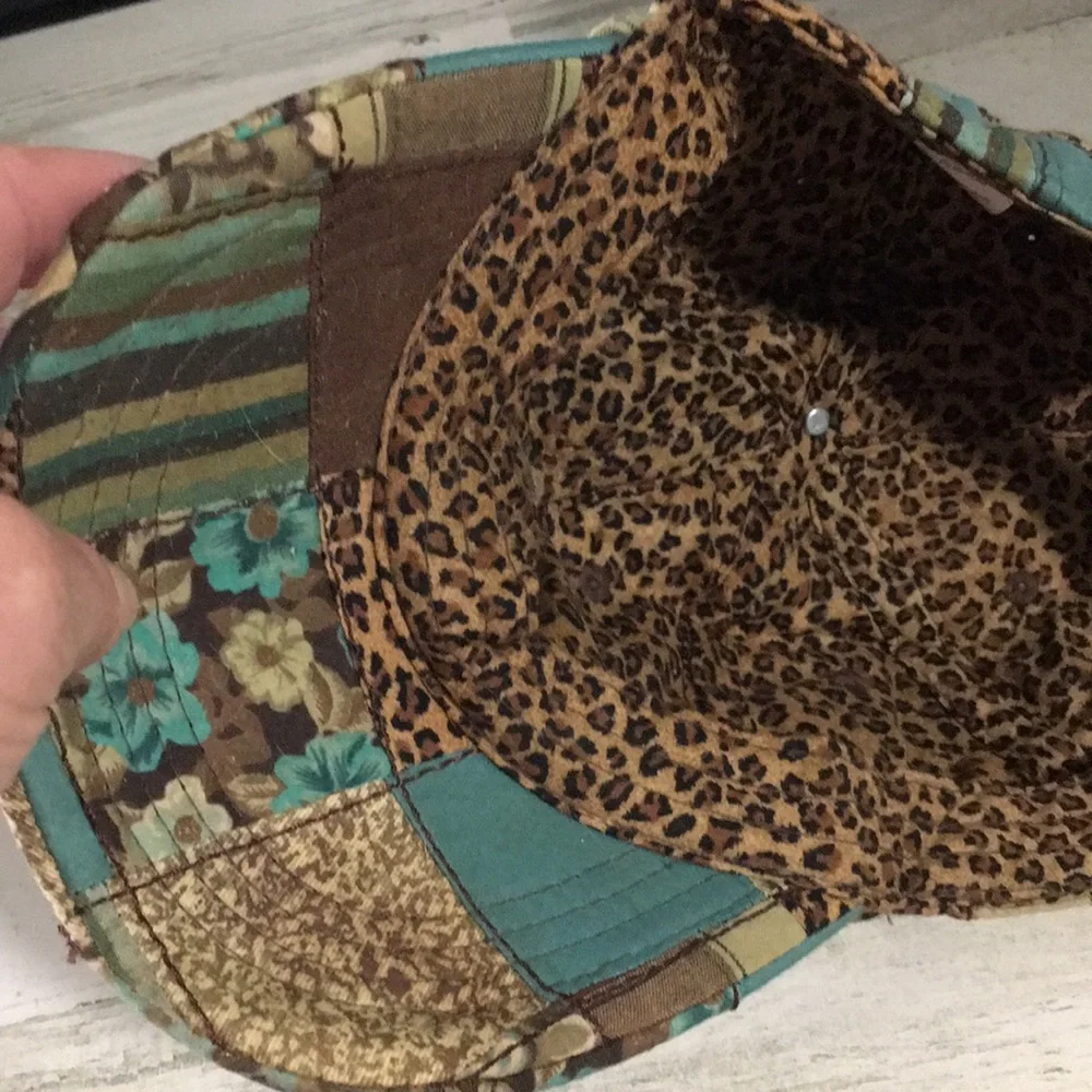 Patchwork teal brown cream adjustable back floral animal print ballcap